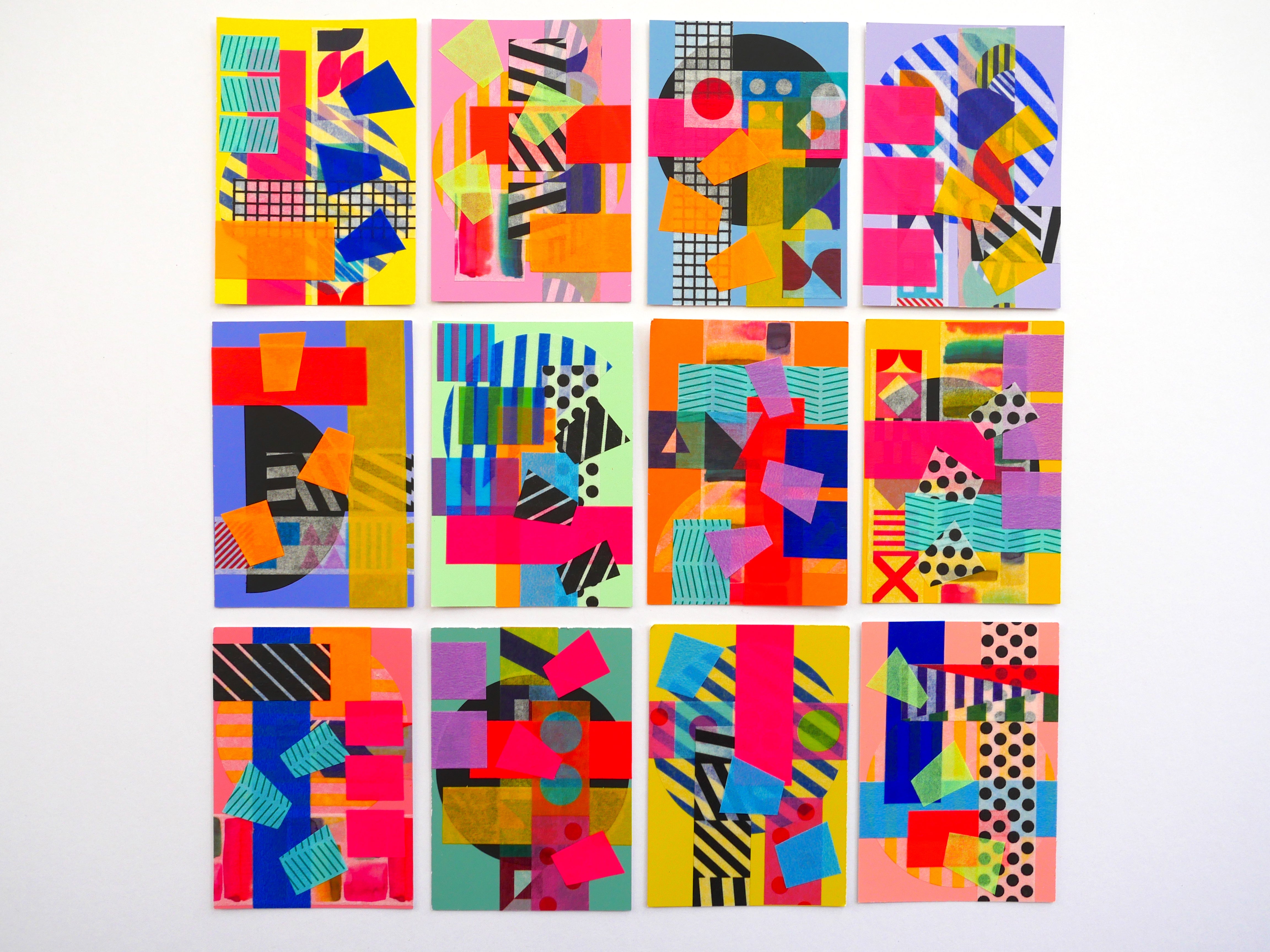 Collection of 12 mini collages in bright and neon colours created using washi tape in geometric and abstract designs.